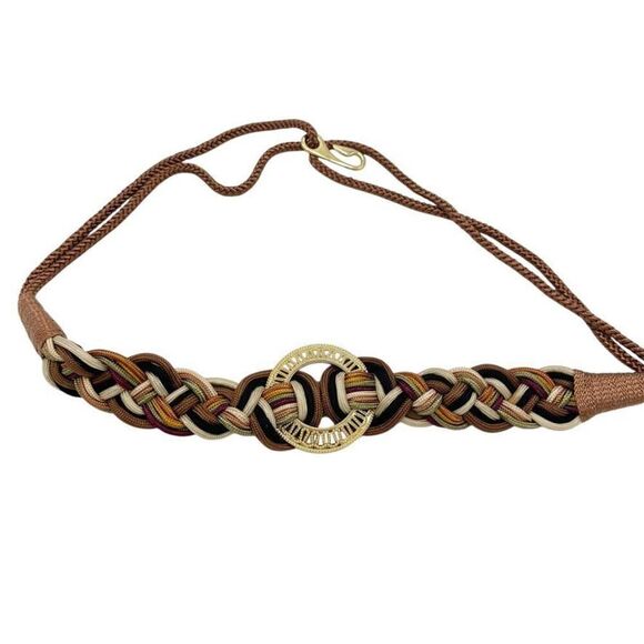 Vintage 80s Braided Belt Gold Medallion Hook Loop Adjustable One Size Earth Tone